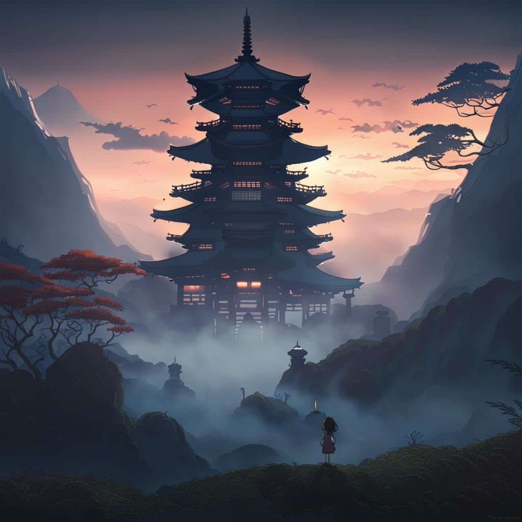 Foggy Sunrise at Japanese Temple with Totoro