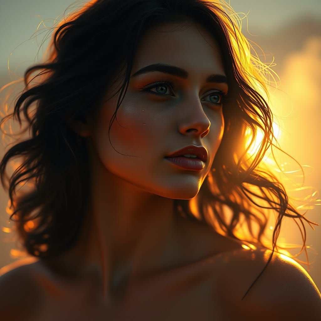 Ethereal Goddess Illuminated by Golden Radiance