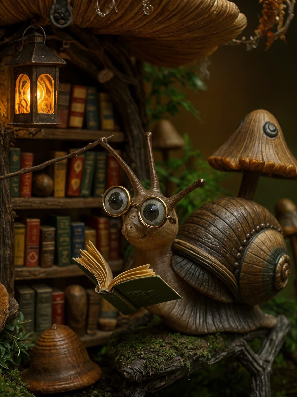 Snail's Cozy Library: A Macro Forest Scene