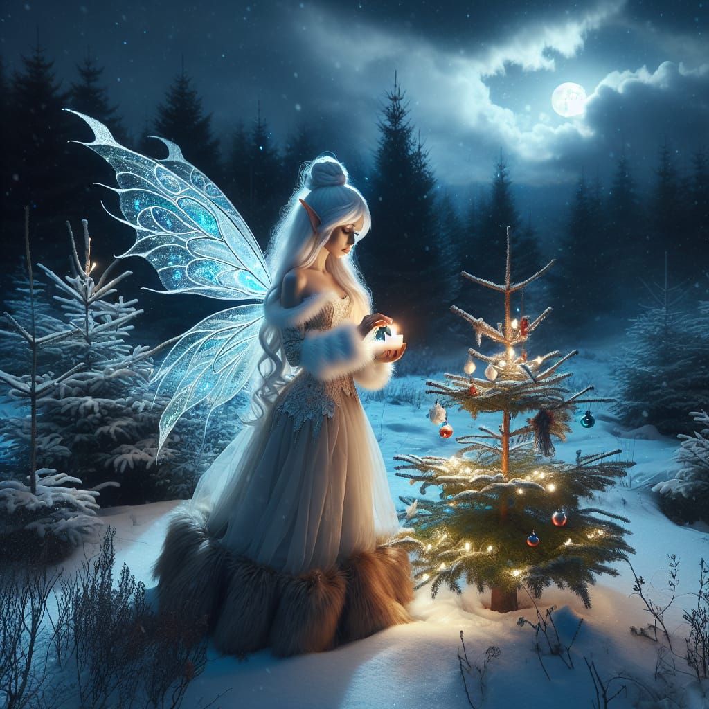 A Dazzling Fairy Enjoys Serene Winter Night Under Frosty Sky
