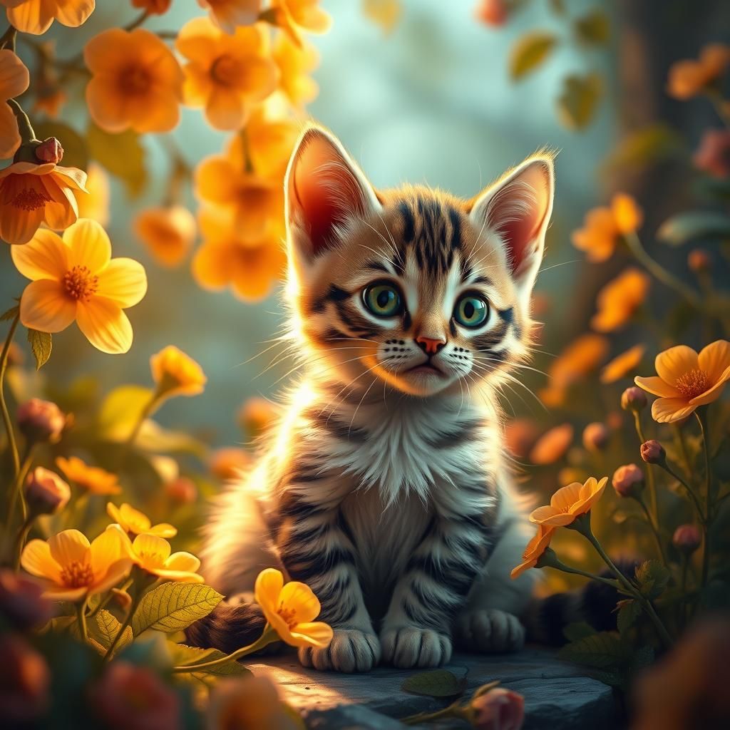 Tabby Kitten in Whimsical Fantasy Garden