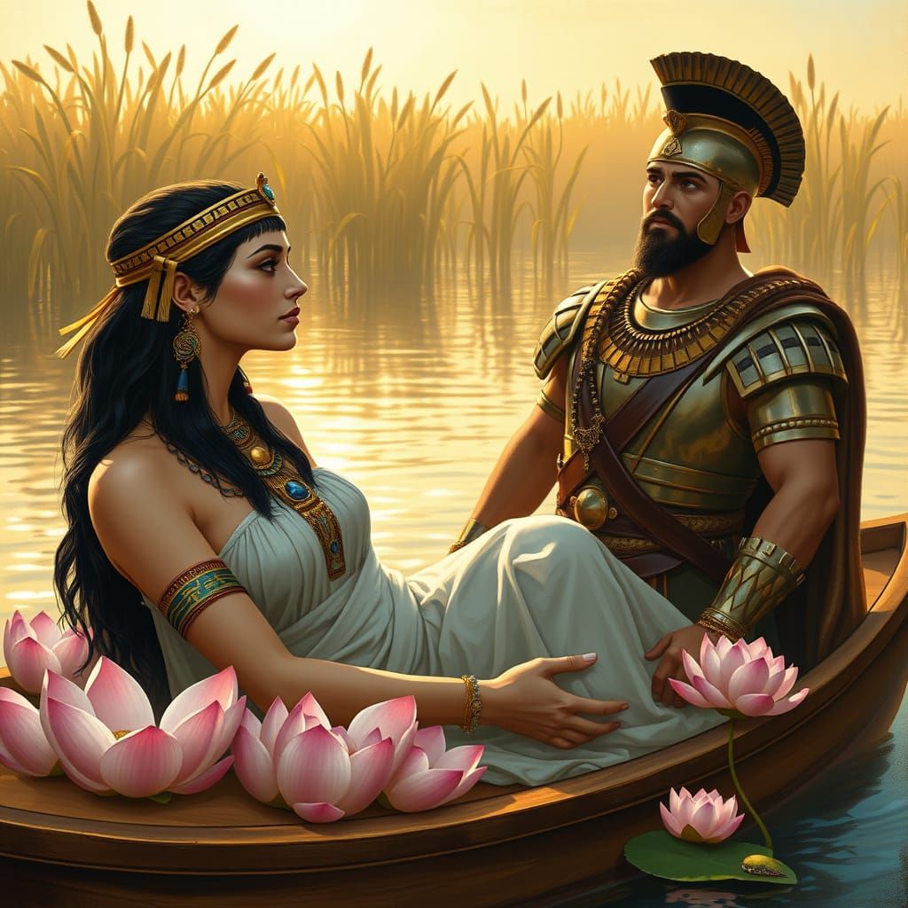 Egyptian Queen on Nile Barge with Roman Soldier Husband
