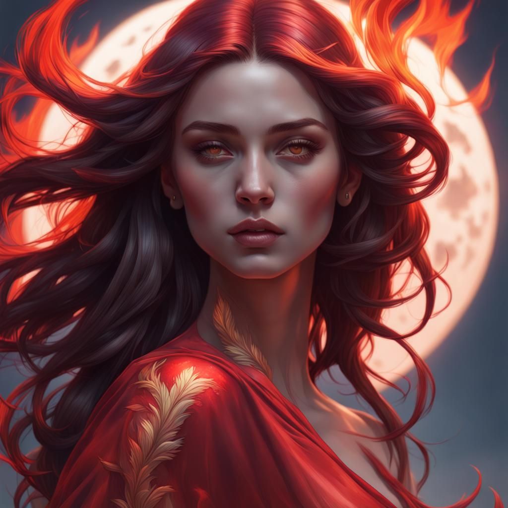 Fiery Woman Portrait with Moonlit Glow