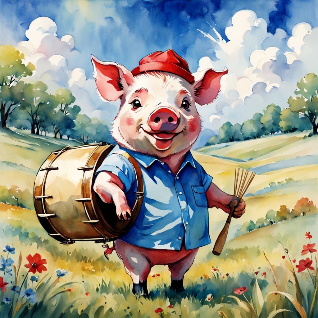 Vibrant Toy Pig Drummer in Sunny Meadow Watercolor Cartoon