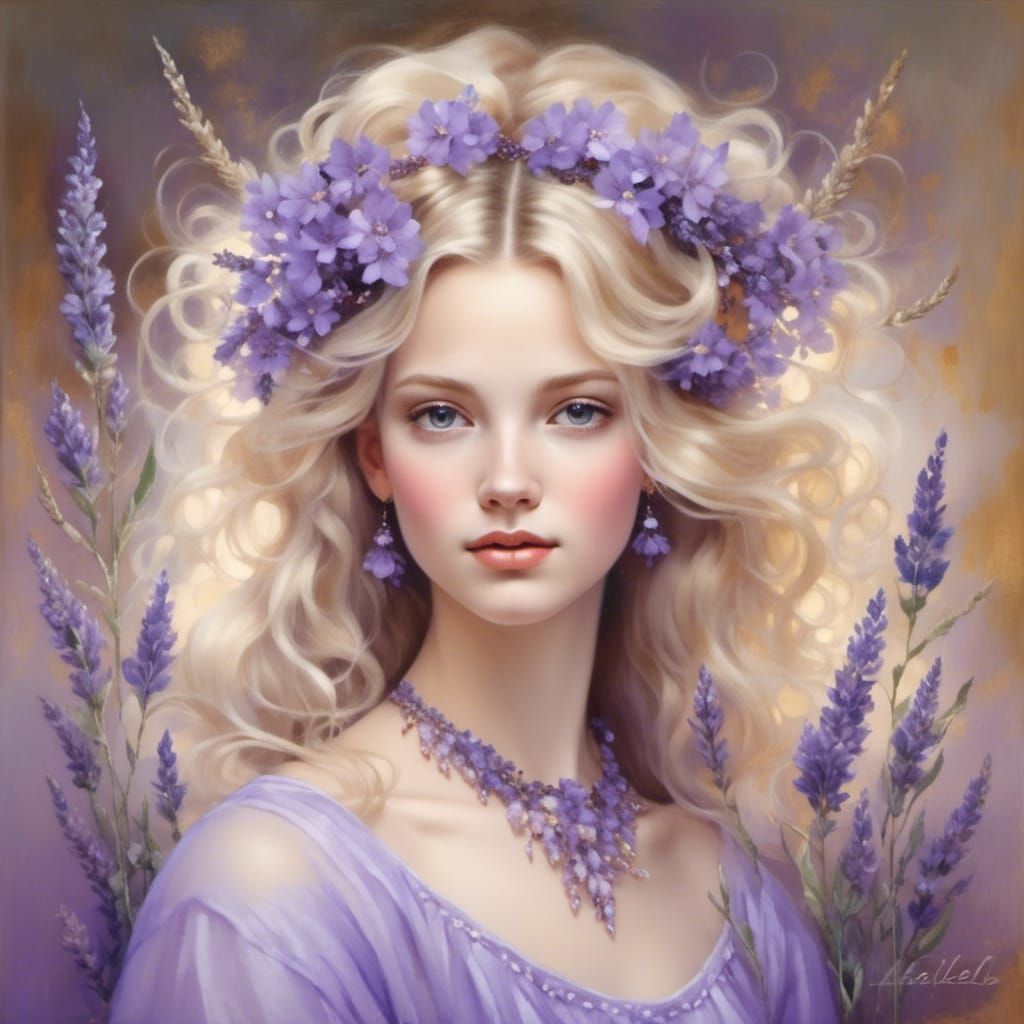 Oil Painting of Woman with Lavender Flowers