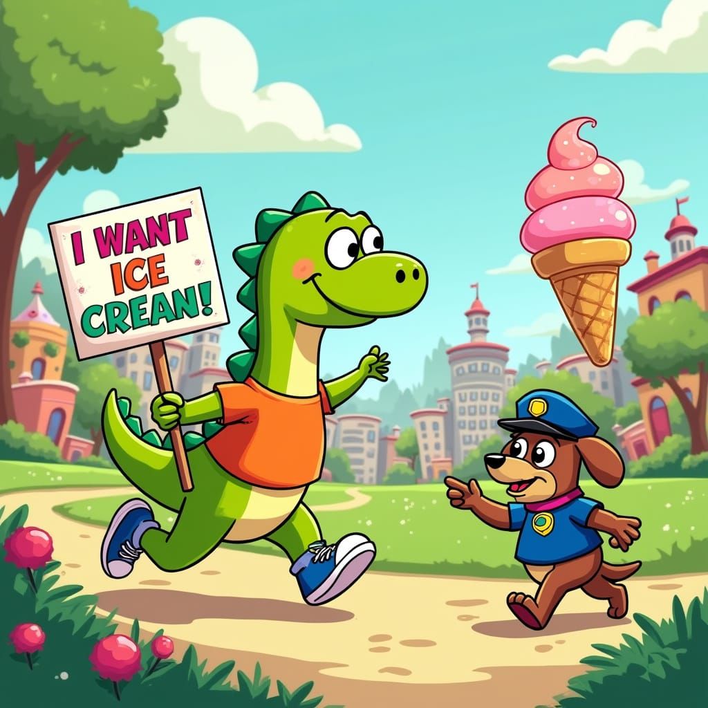Lime-Green Dinosaur Chases Ice Cream in Whimsical Cartoon Ci...