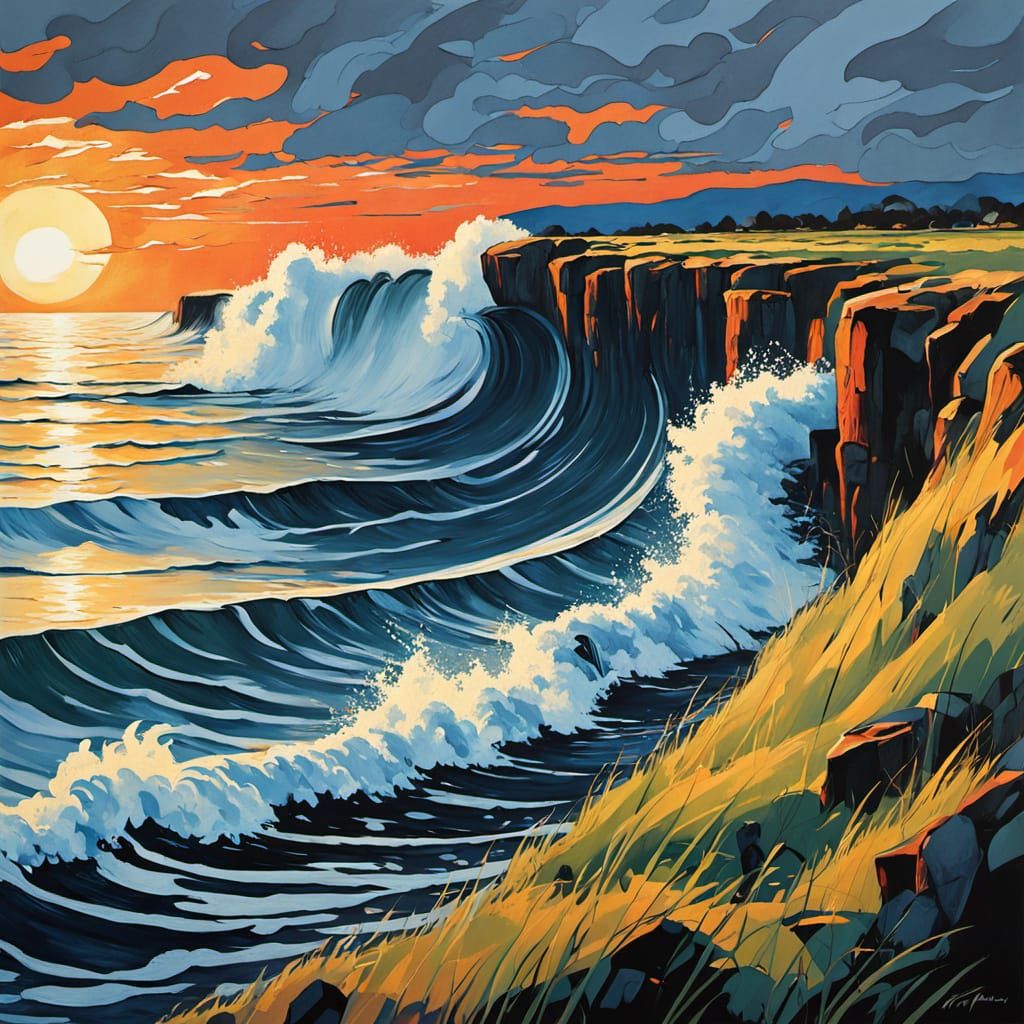 Impressionist Wave Crashing on Cliff Edge