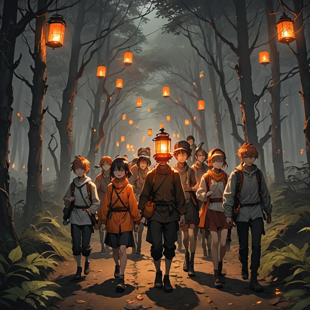Children in Gloomy Forest Guided by Lantern