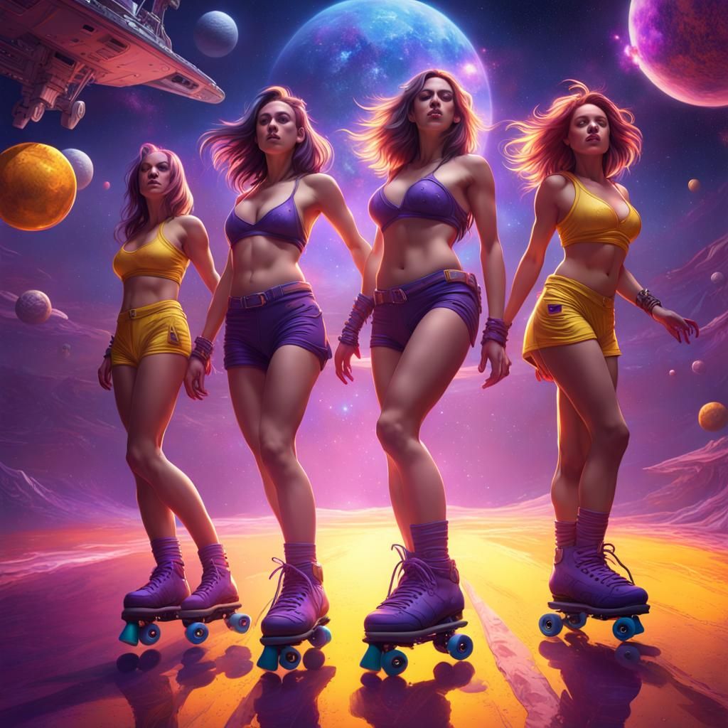 Girls on Roller Skates in Space, Hyperdetailed Fantasy Art