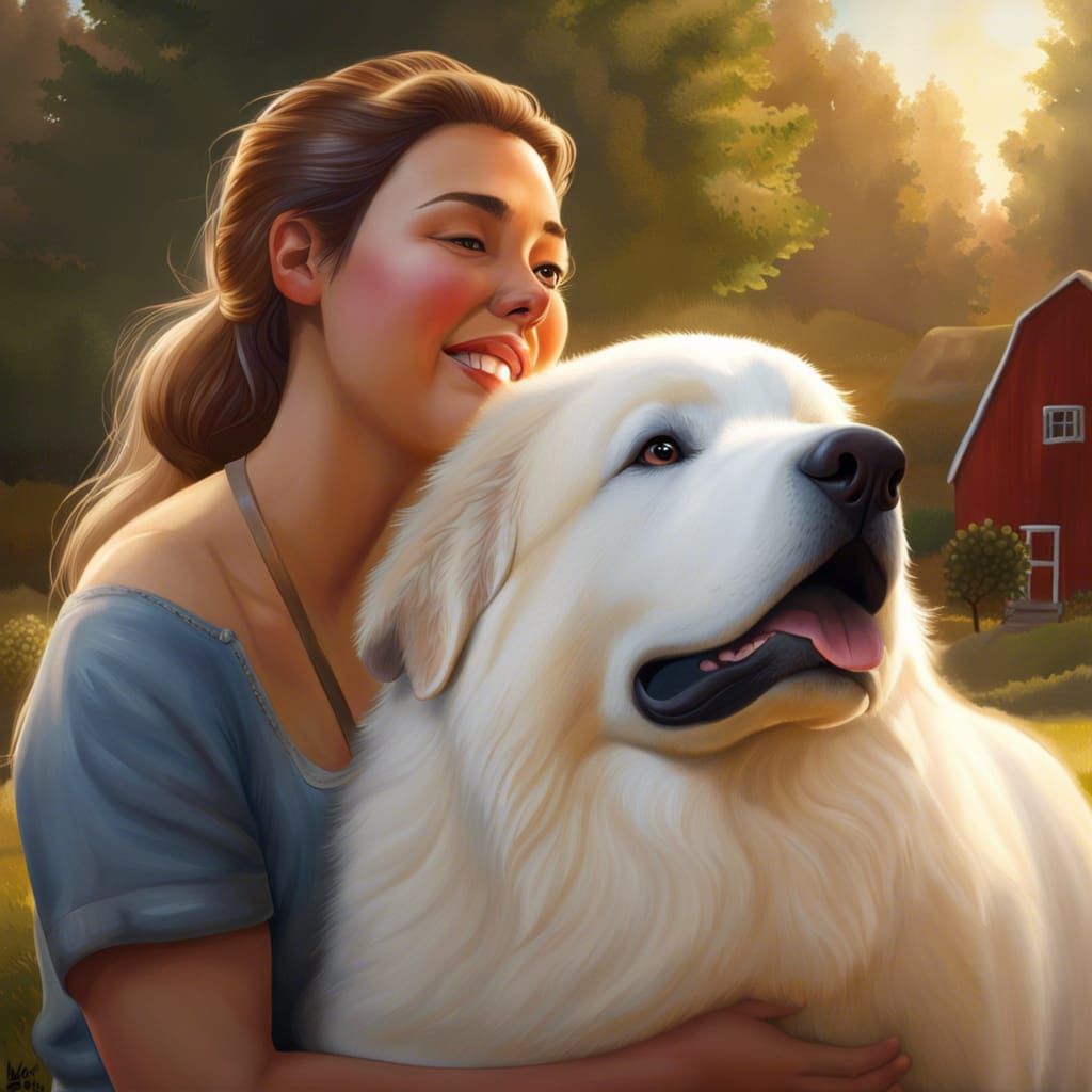 Joyful Farmer's Daughter with Great Pyrenees