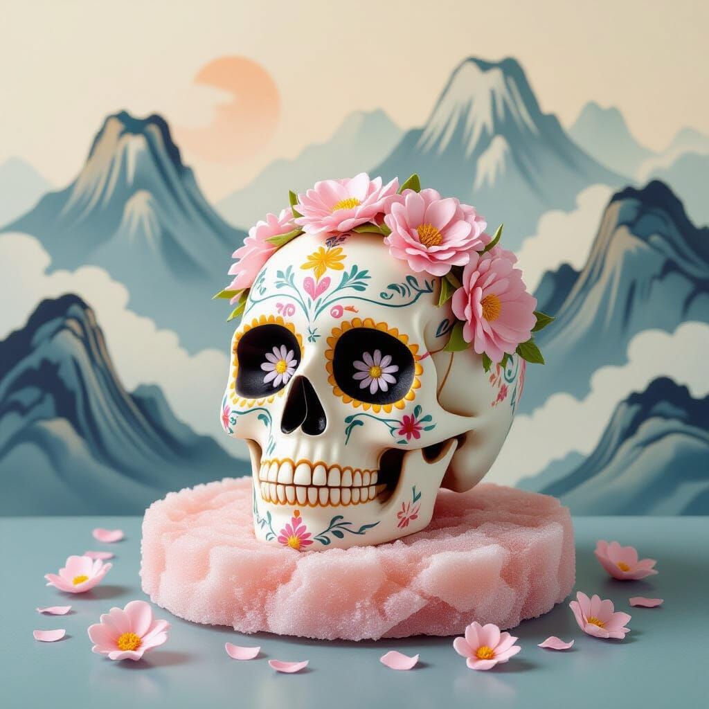 Rock Candy Skull Adorned with Sugar Flowers on Spun Sugar