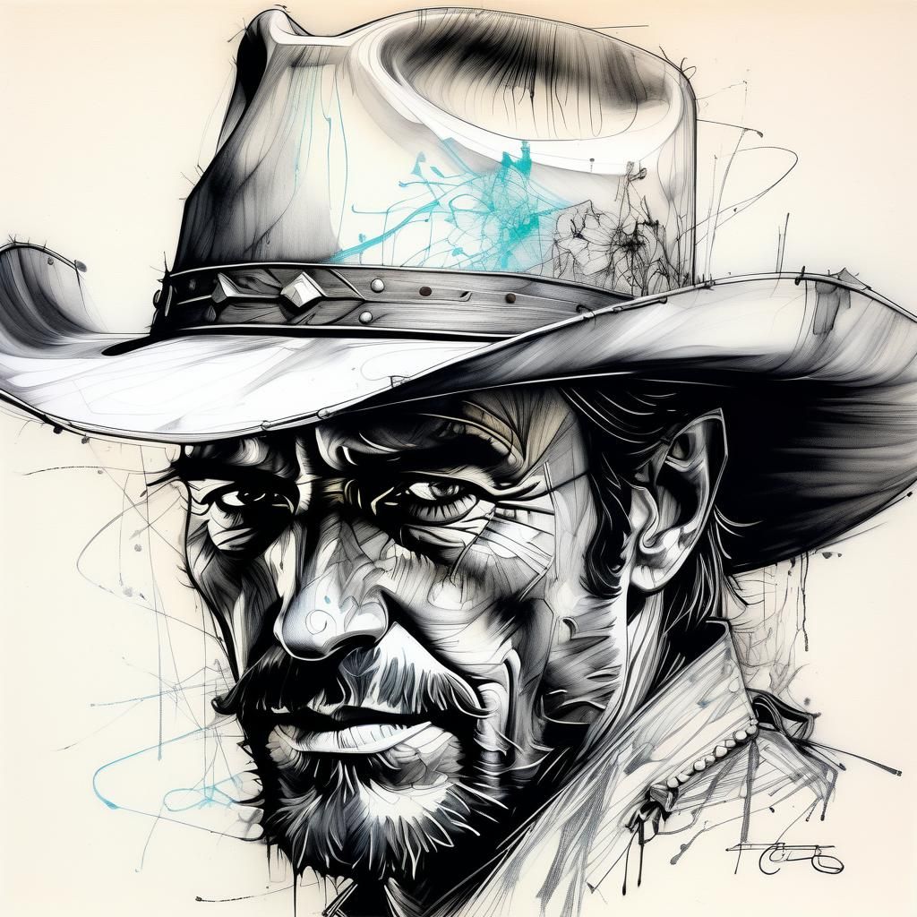 charcoal cowboy portrait with stetson hat