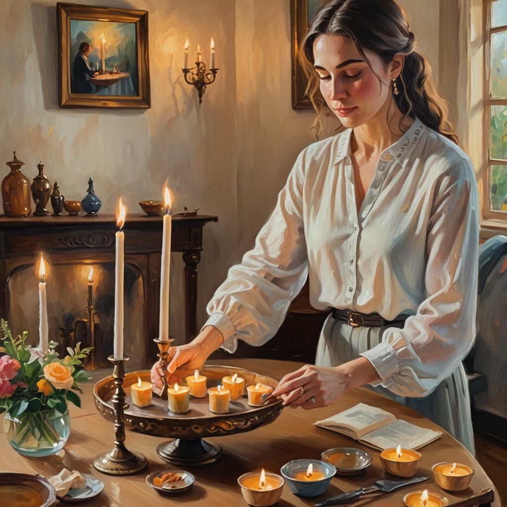 Cozy Shabbat Scene in Whimsical Oil Painting