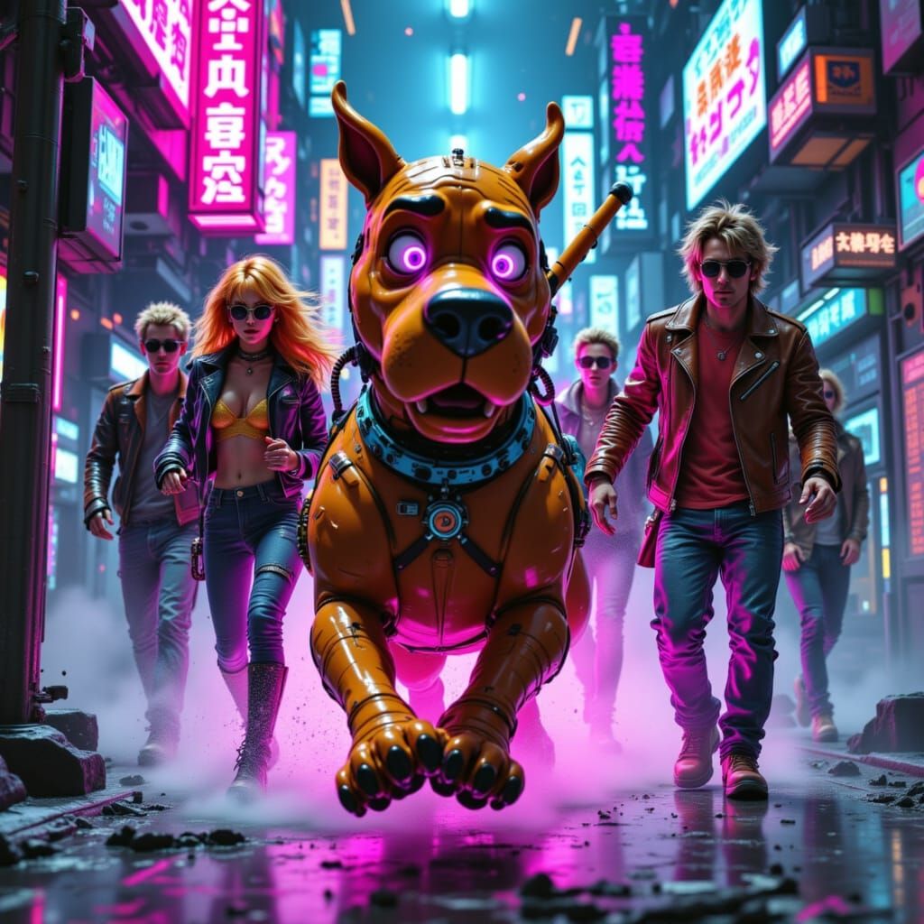 Scooby-Doo as a cybernetic dog chasing after bad guys. Close...
