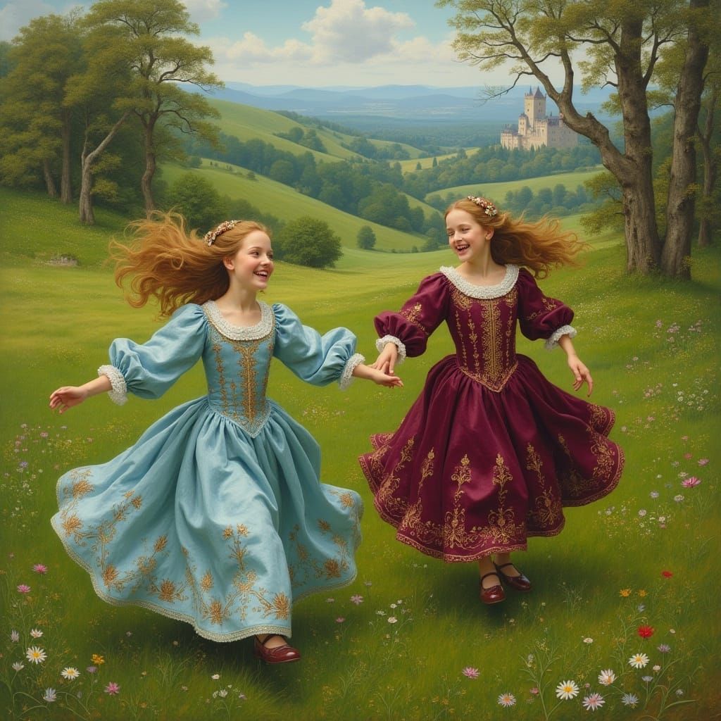 Renaissance Sisters in Lush Green Meadow