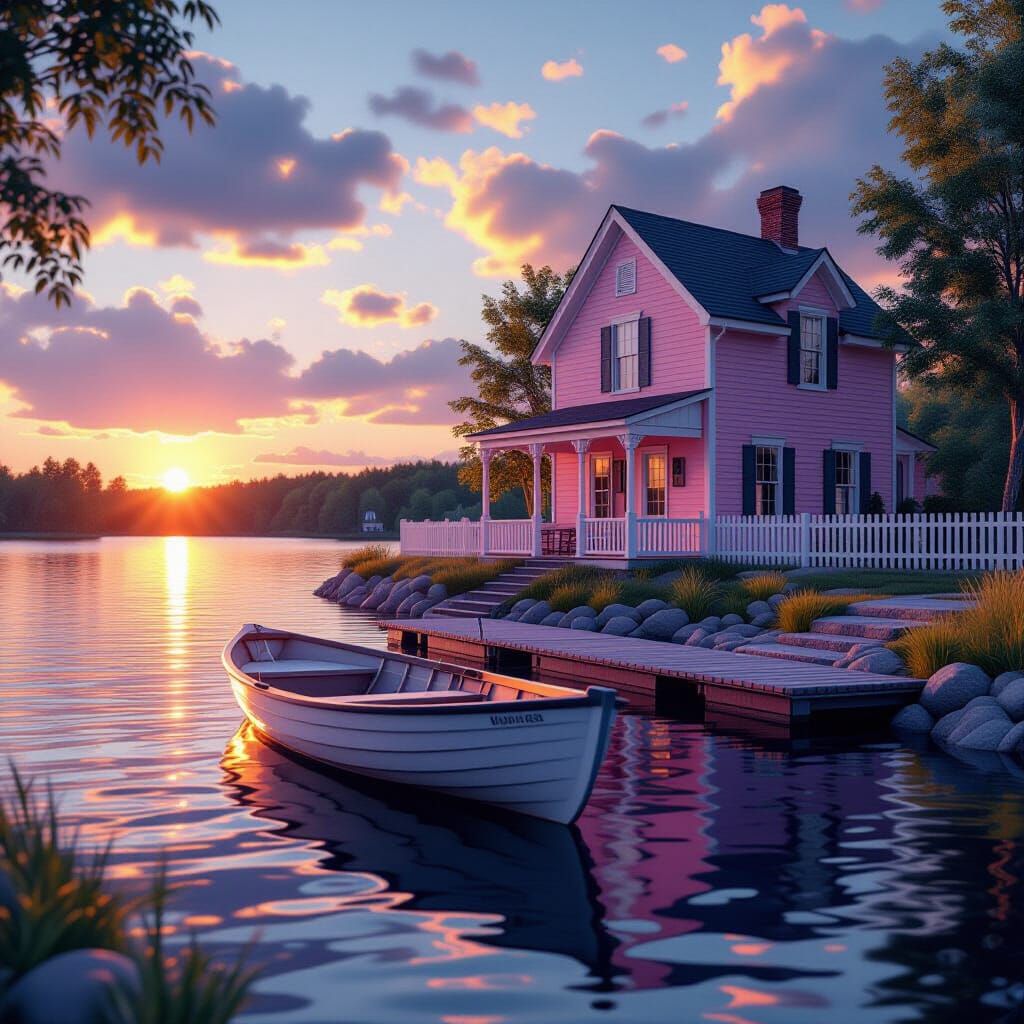 Picturesque Lakeside Scene at Sunset in Renaissance Style