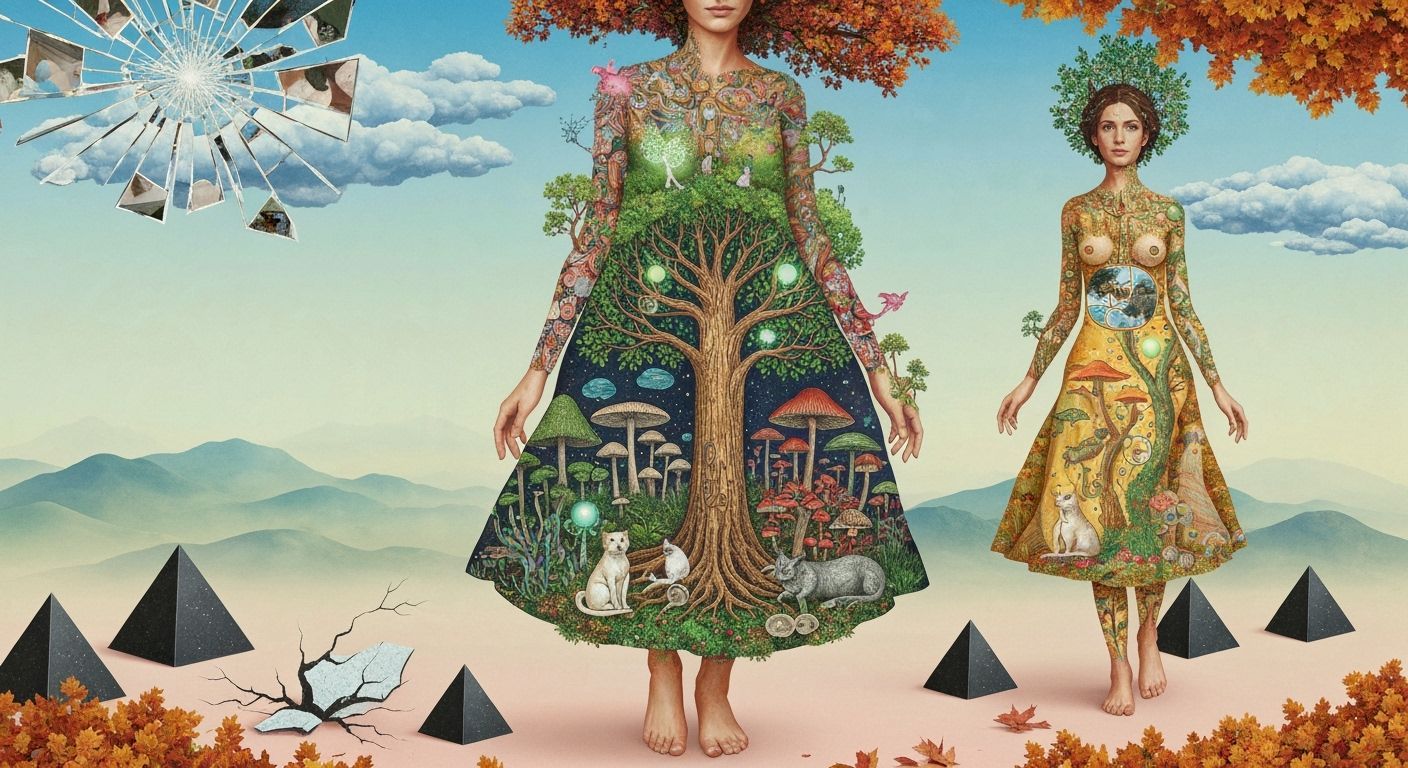 Mystical Woman in Surreal Garden, Cosmic Connection