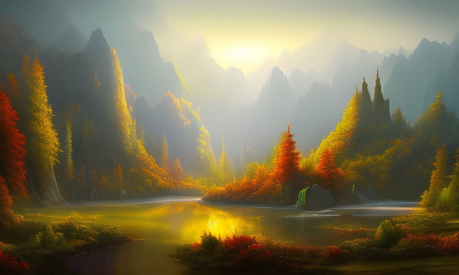 Hyperdetailed Mountain Sunrise in Matte Painting Style