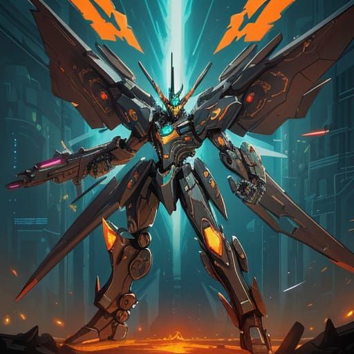 Cyberpunk Mech Warrior in Dynamic Battle Pose