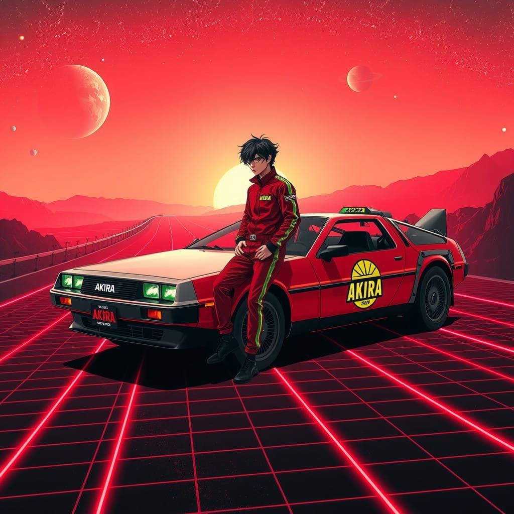 Sleek Cyberpunk Hero Leans Against Retro Futuristic DeLorean...