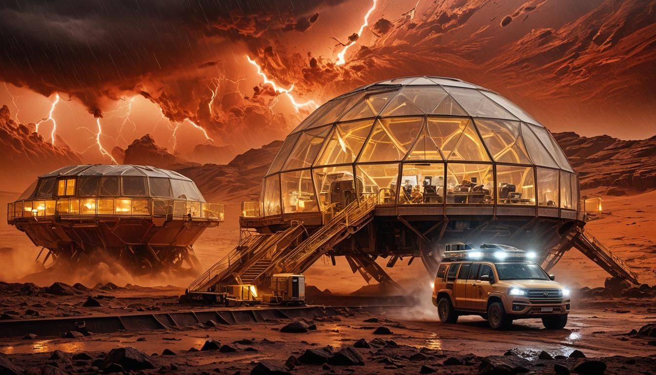 Martian Base Enduring Storm in Cinematic View