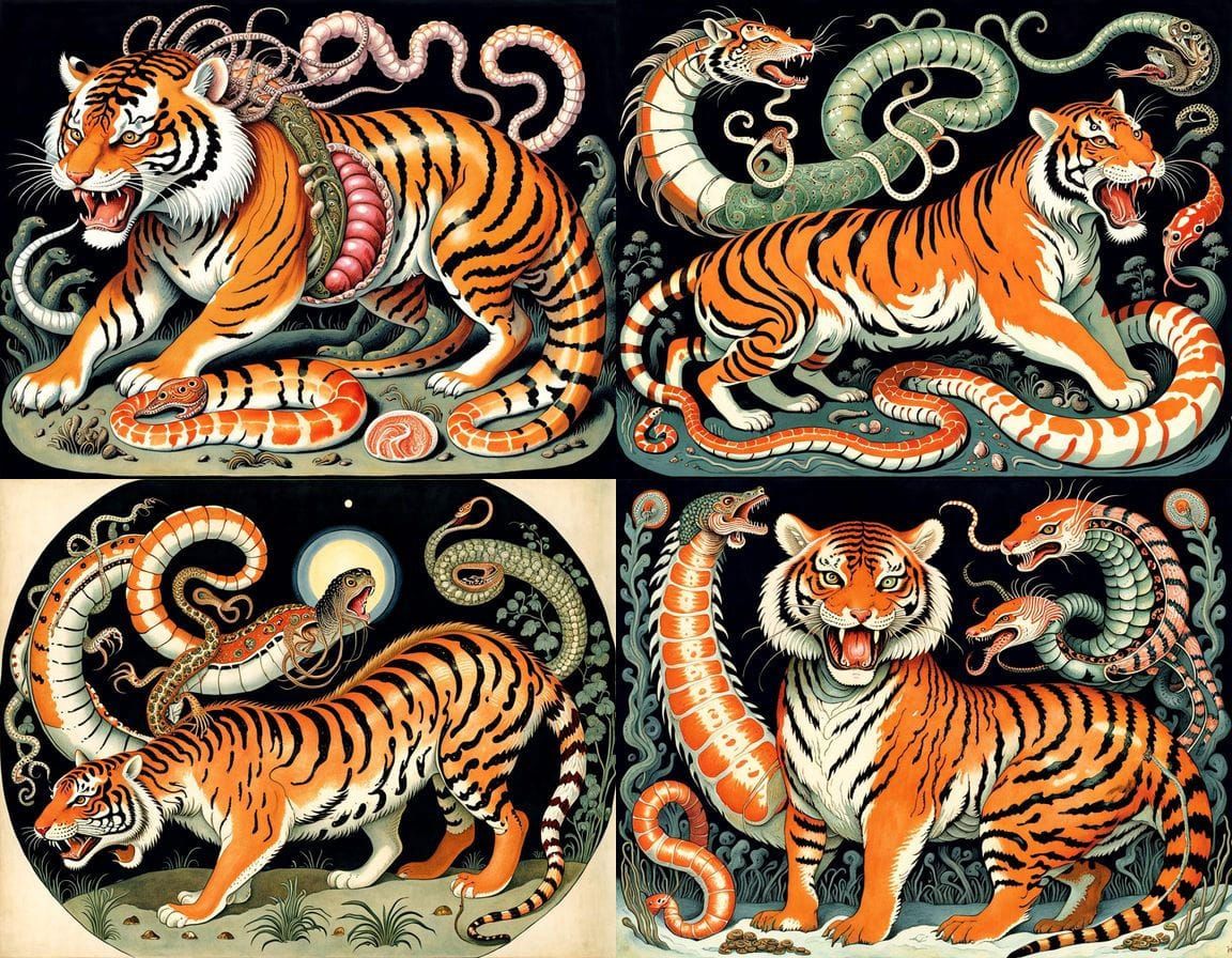 Surreal Russian Art Woodblock Tiger Cossack Homunculus