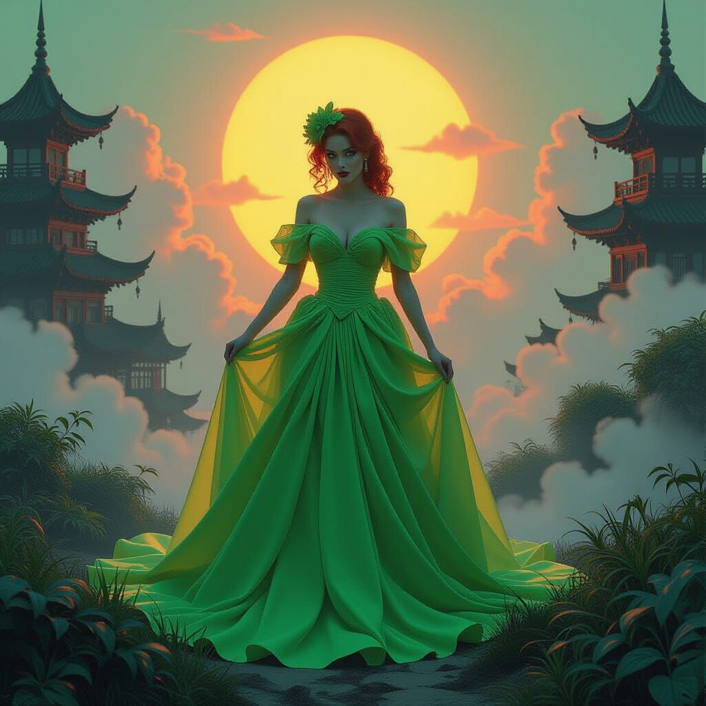 Neon Fantasy: Ethereal Gown in Dreamlike Landscape