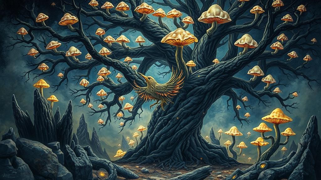 Mystical Bird Goddess in Post-Apocalyptic Landscape