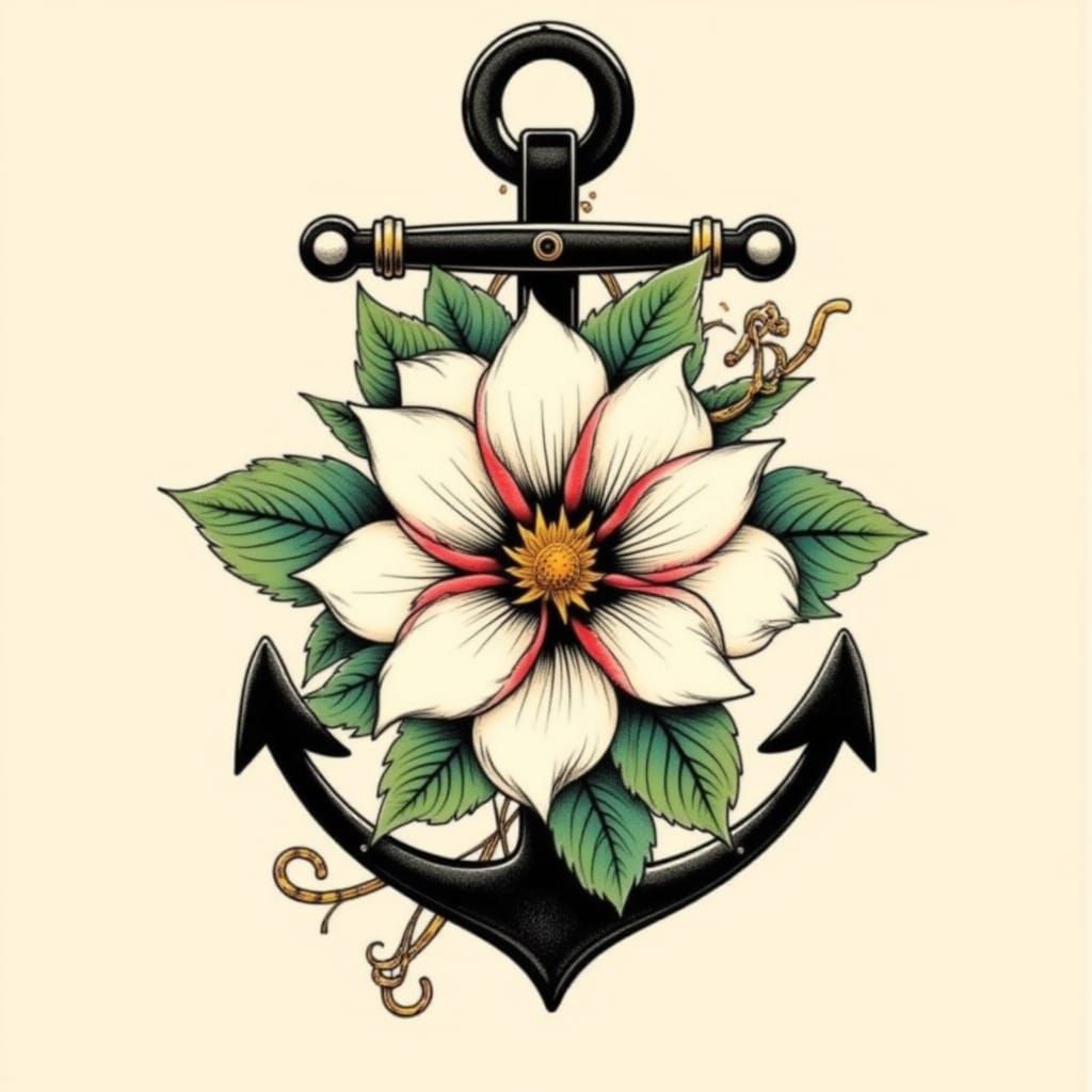 Neo-Traditional Tattoo Art: Flower and Anchor Design