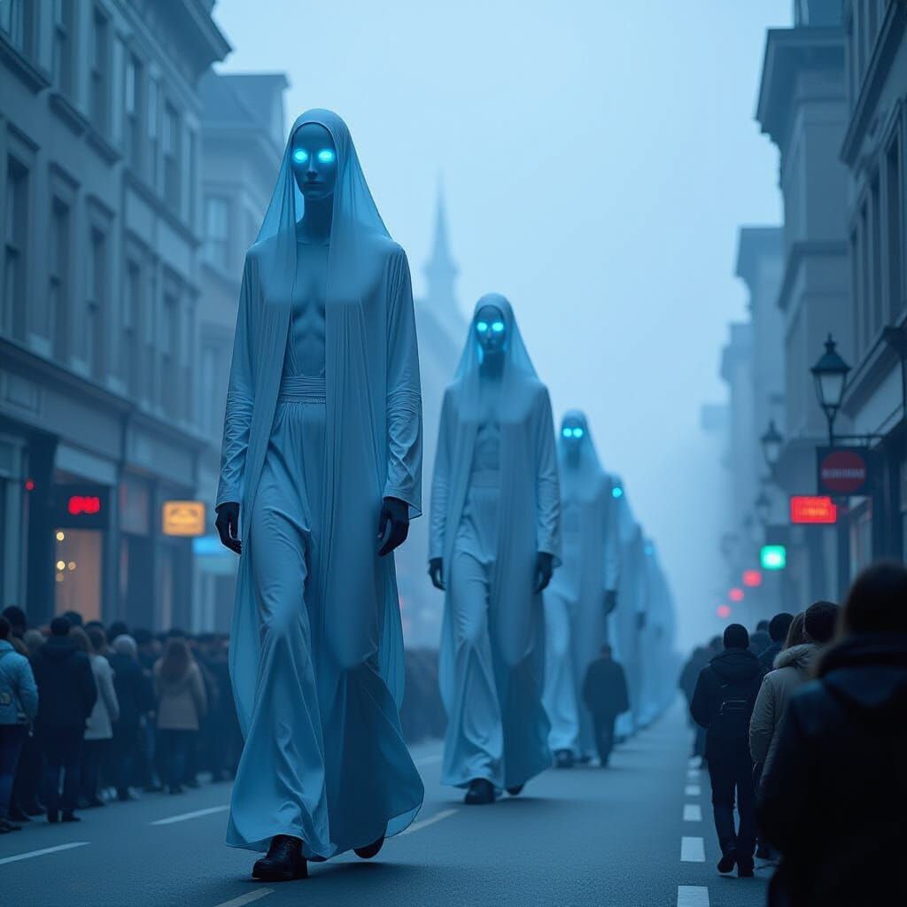 Surreal Ghostly Parade in Misty Urban Street