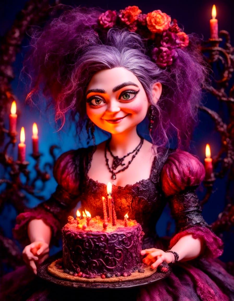 Pixie Woman Presents Birthday Cake in Dark Fantasy Style