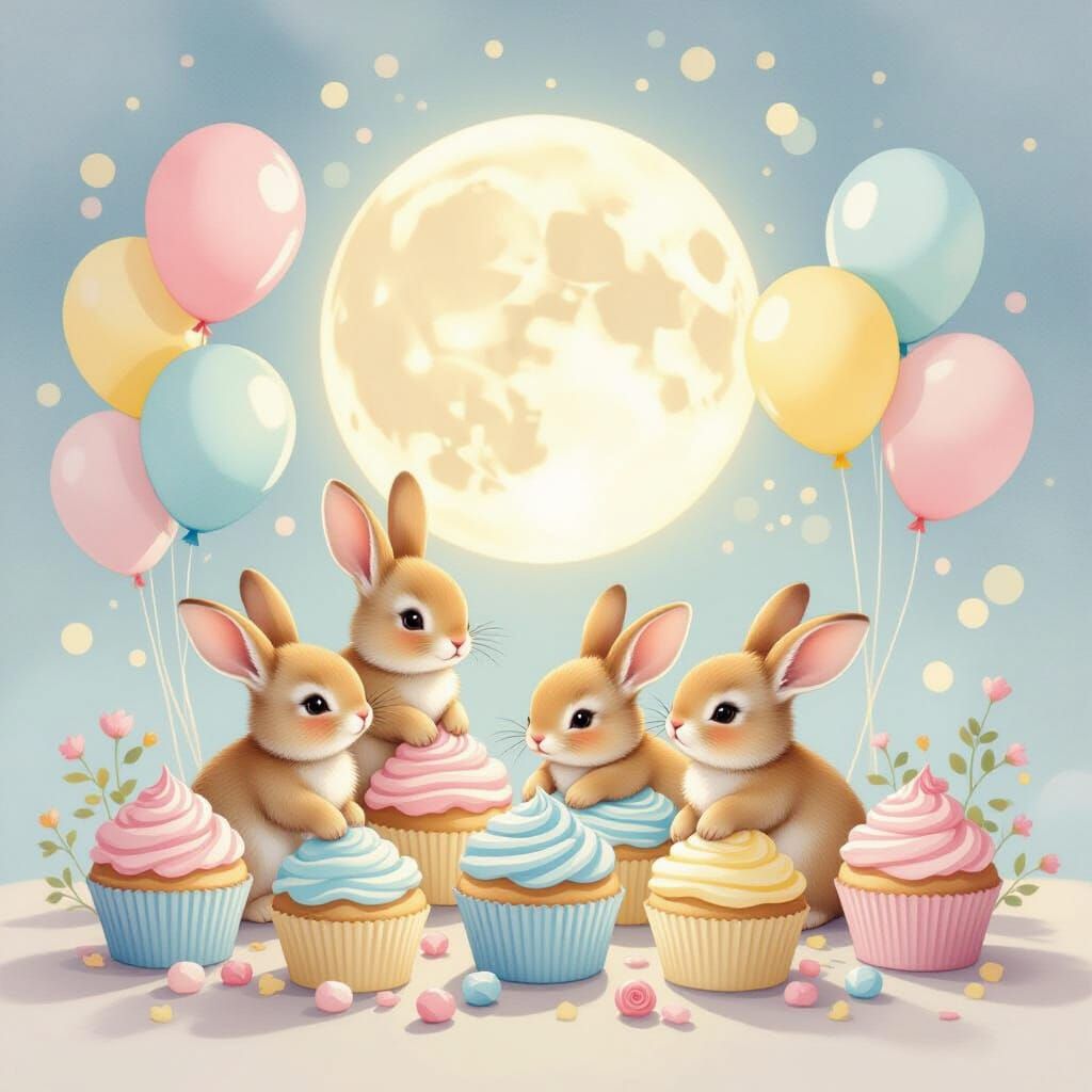 Dreamy Baby Bunnies, Cupcakes, and Balloons Under Glowing Mo...