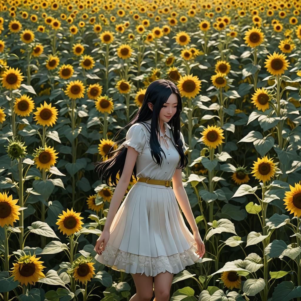Anime Girl in Sunflower Field: Detailed Matte Painting