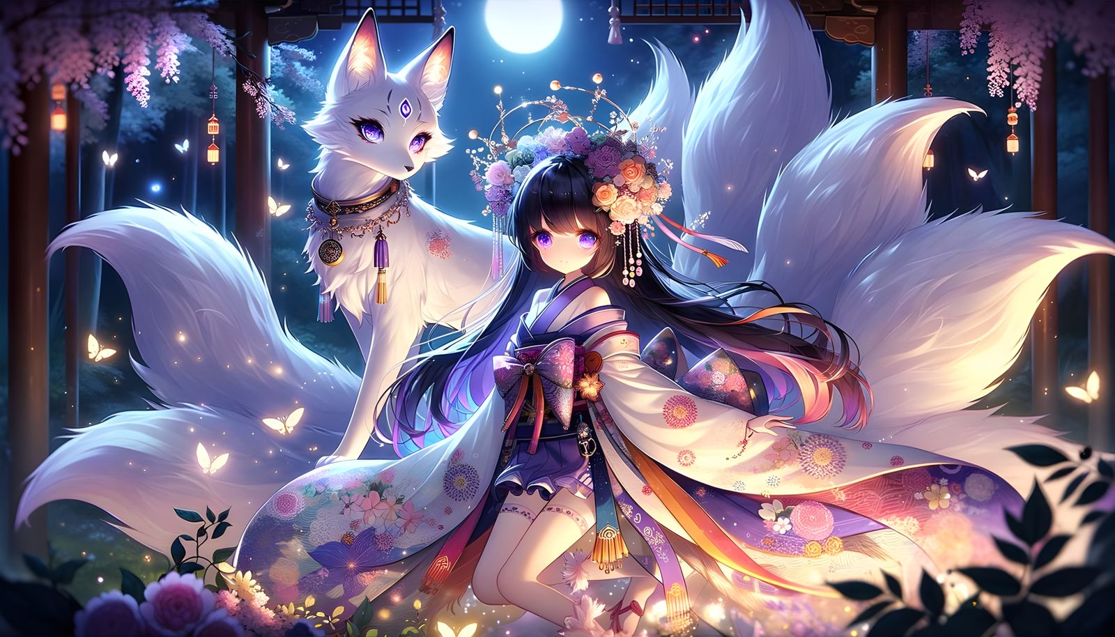 A mythical, nine-tailed fox with glowing, ethereal fur in sh...