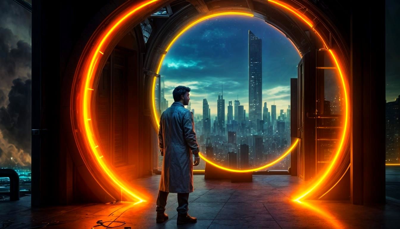 Scientist's Portal Reveals Ancient Ruins in Cyberpunk Style