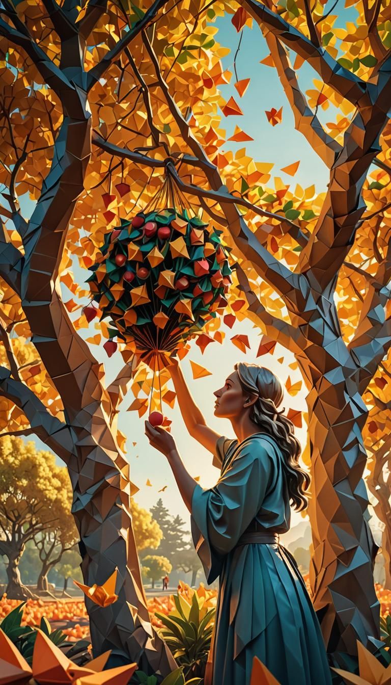 Origami Woman Harvests Fruit: Digital Matte Painting