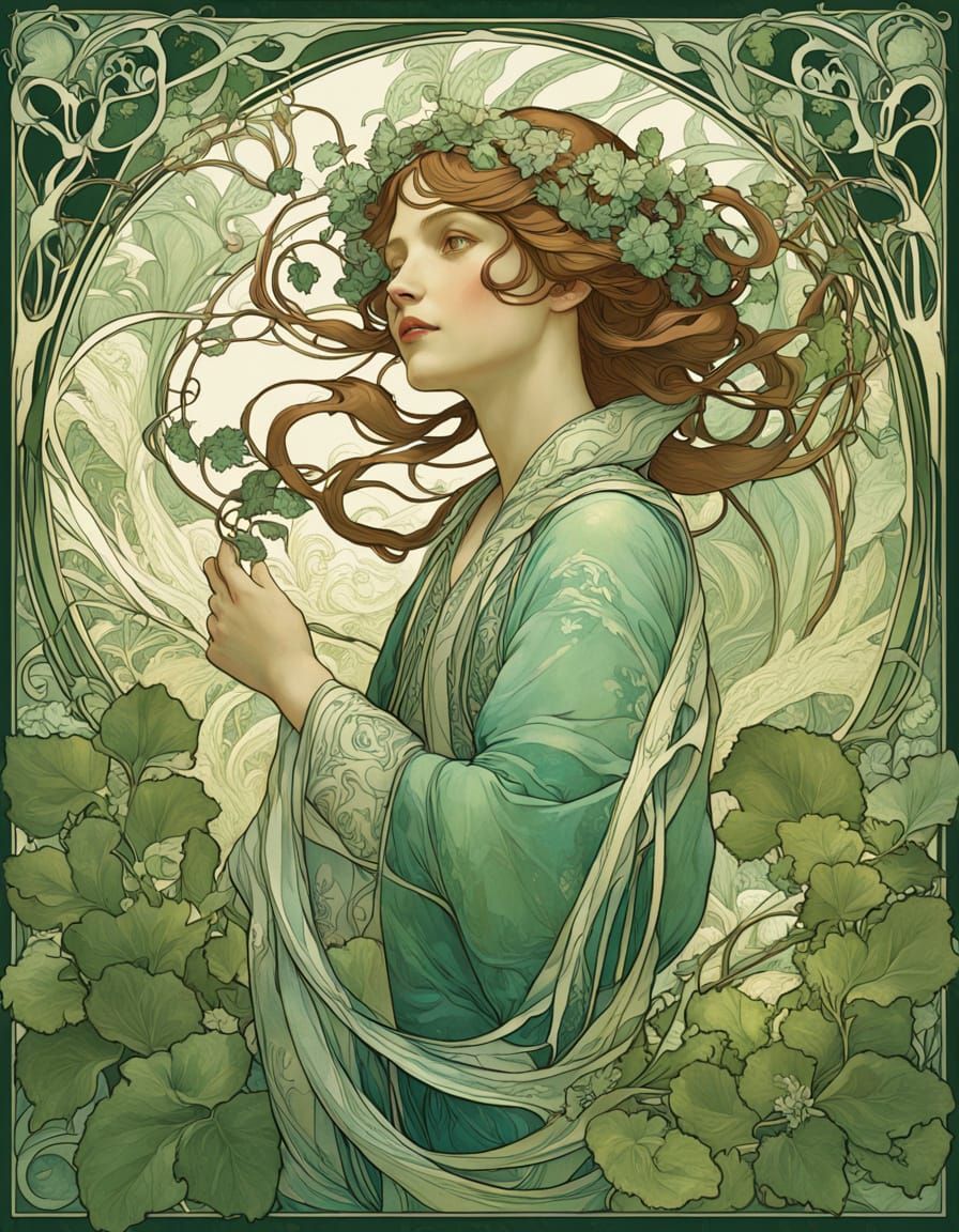 Lush Art Nouveau Landscape with Emerald Vines