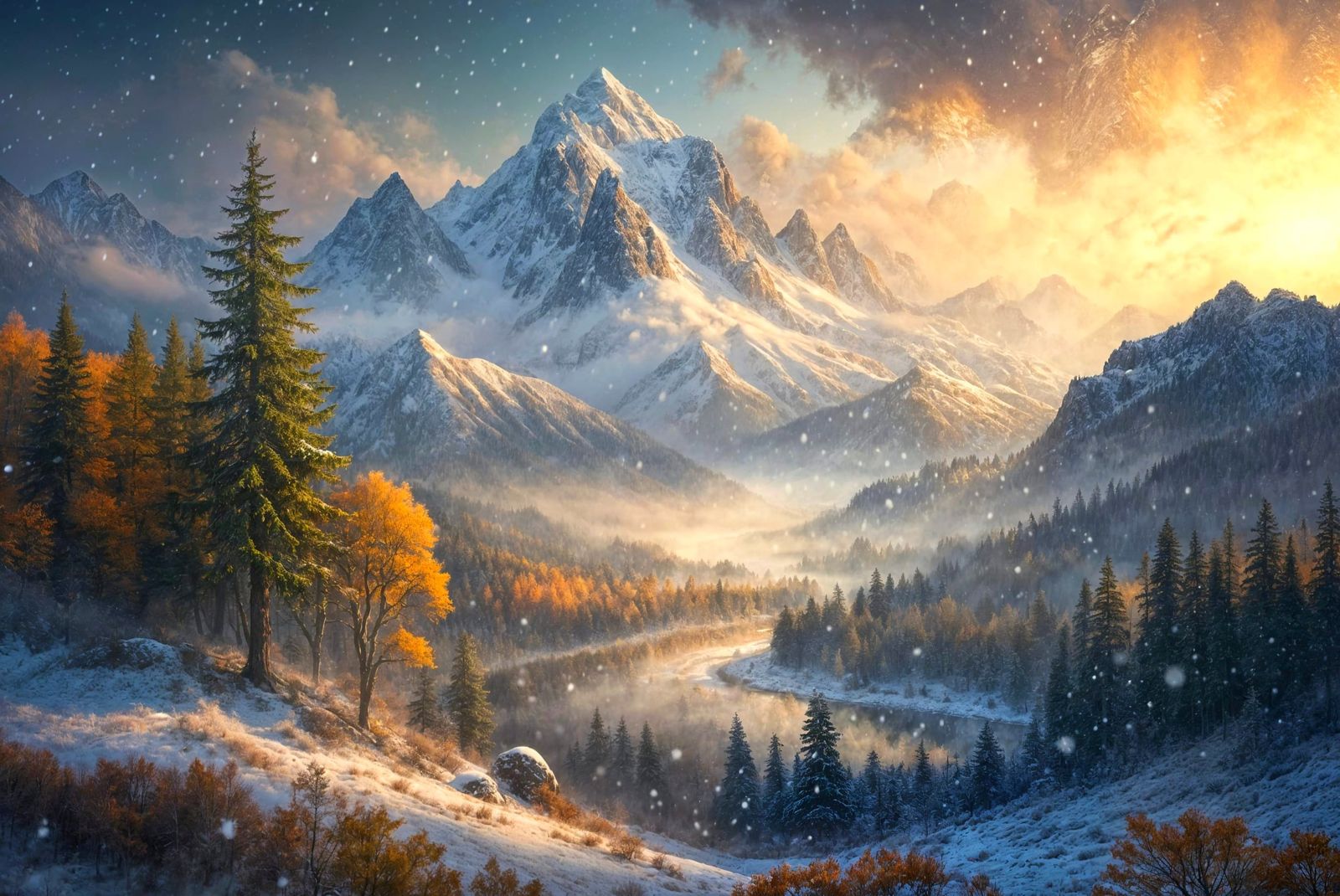 Dreamy Snowy Mountain Landscape Watercolour Oil Painting