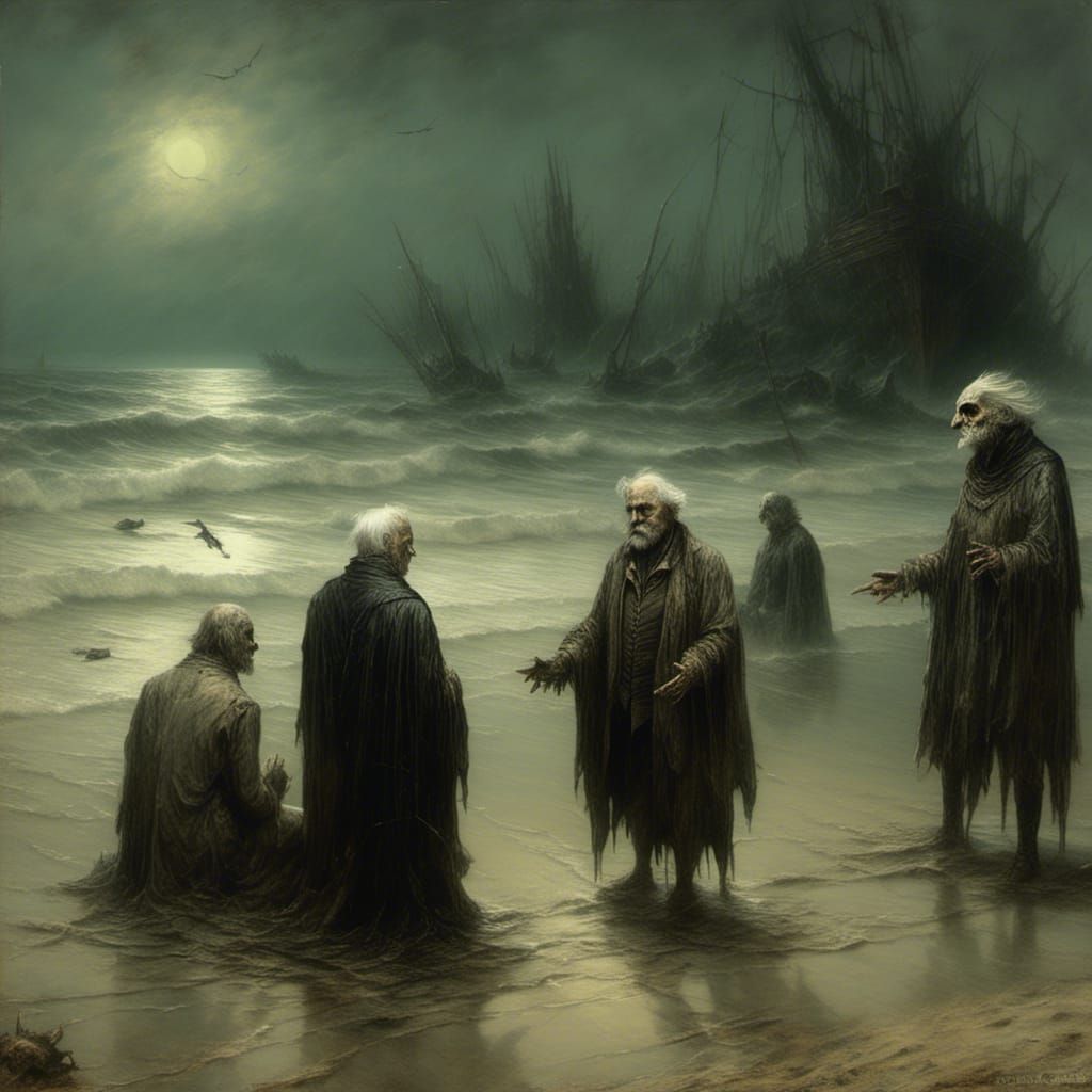 Fish Creatures Meeting Man: Macabre Horror Art