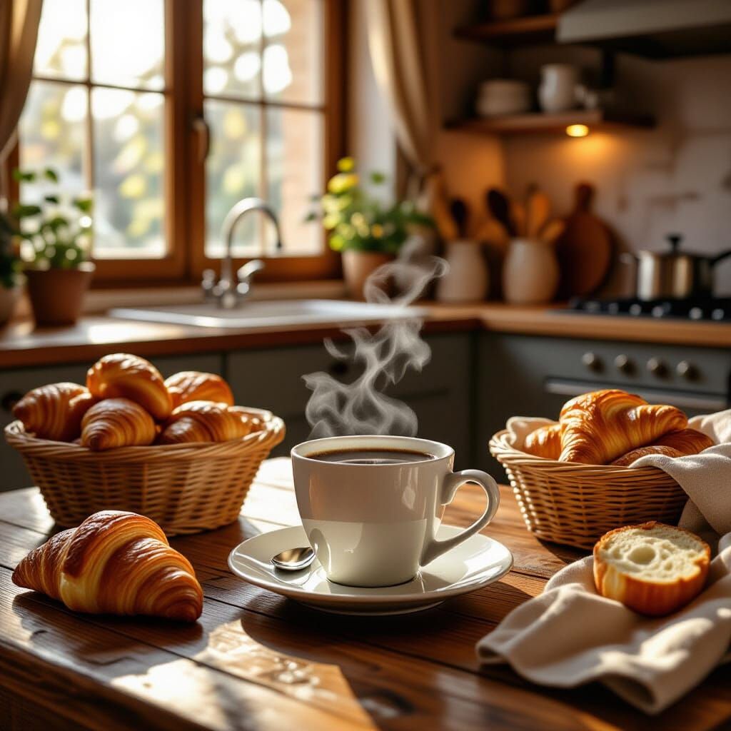 Coffee and Croissants in Cozy French Kitchen