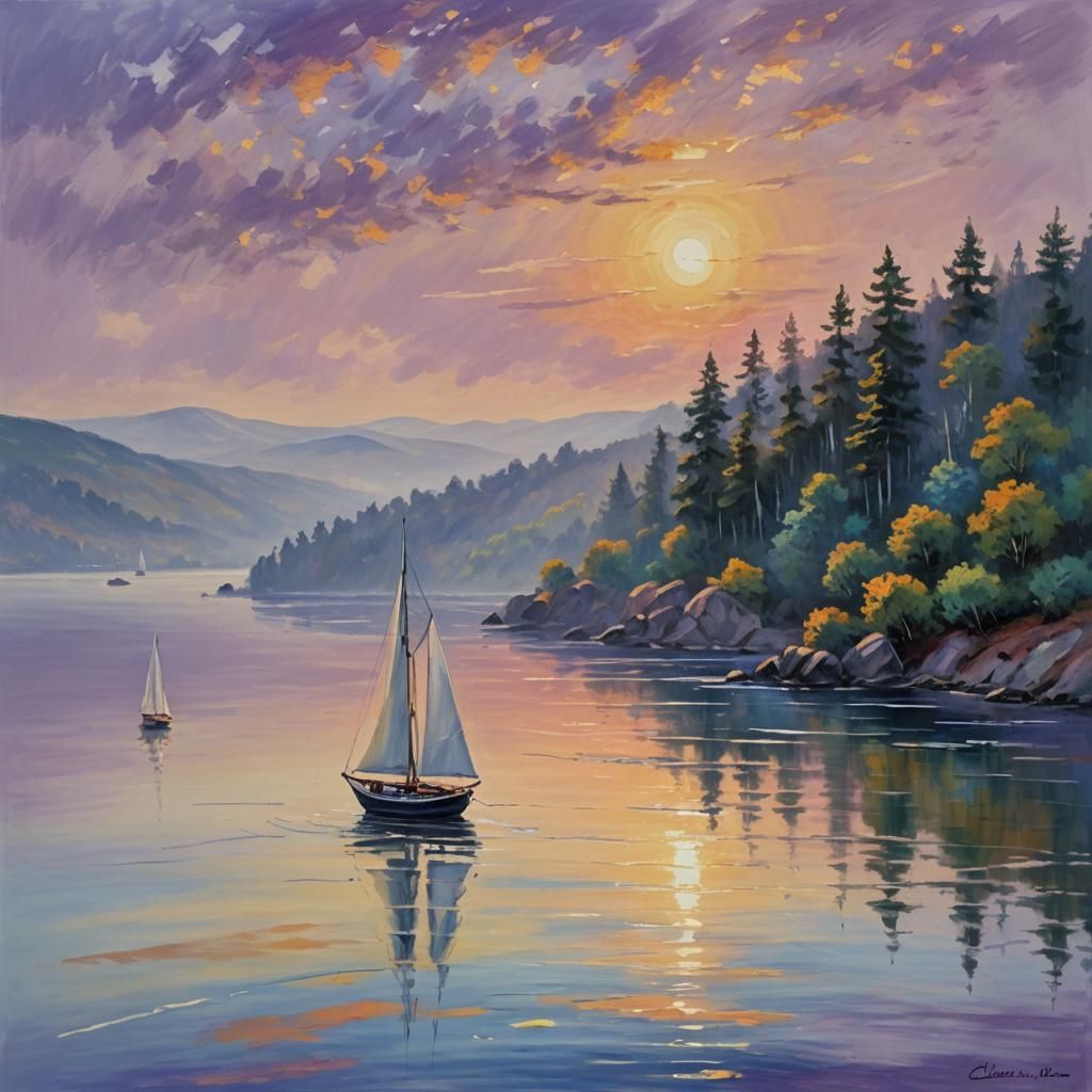 Sailboat in Bay: Romantic Impressionist Oil Painting