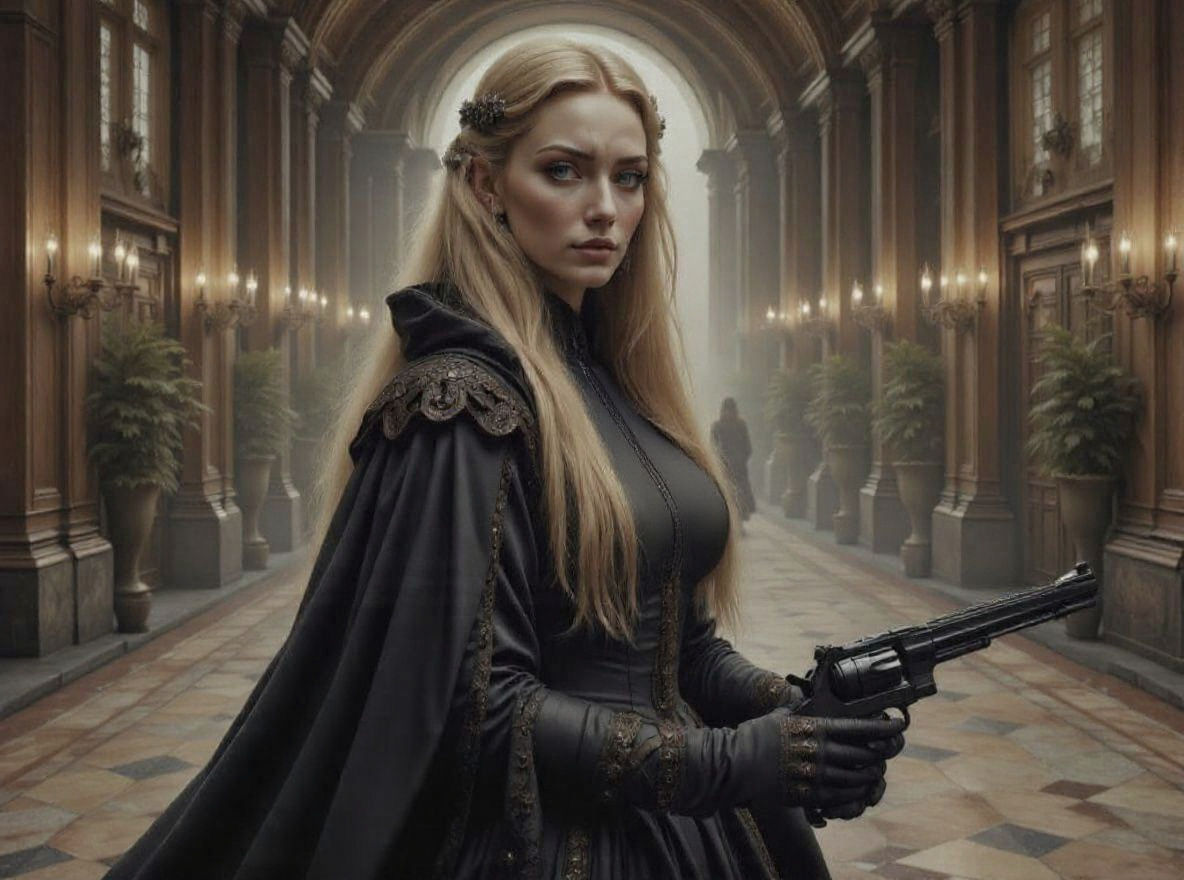 Medieval Noble Woman with Revolver in Hyperrealism Style