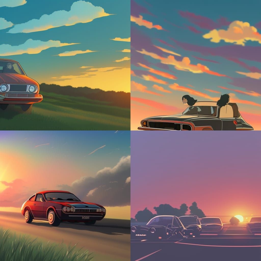 Classic Cars at Sunset: Studio Ghibli Anime Visual