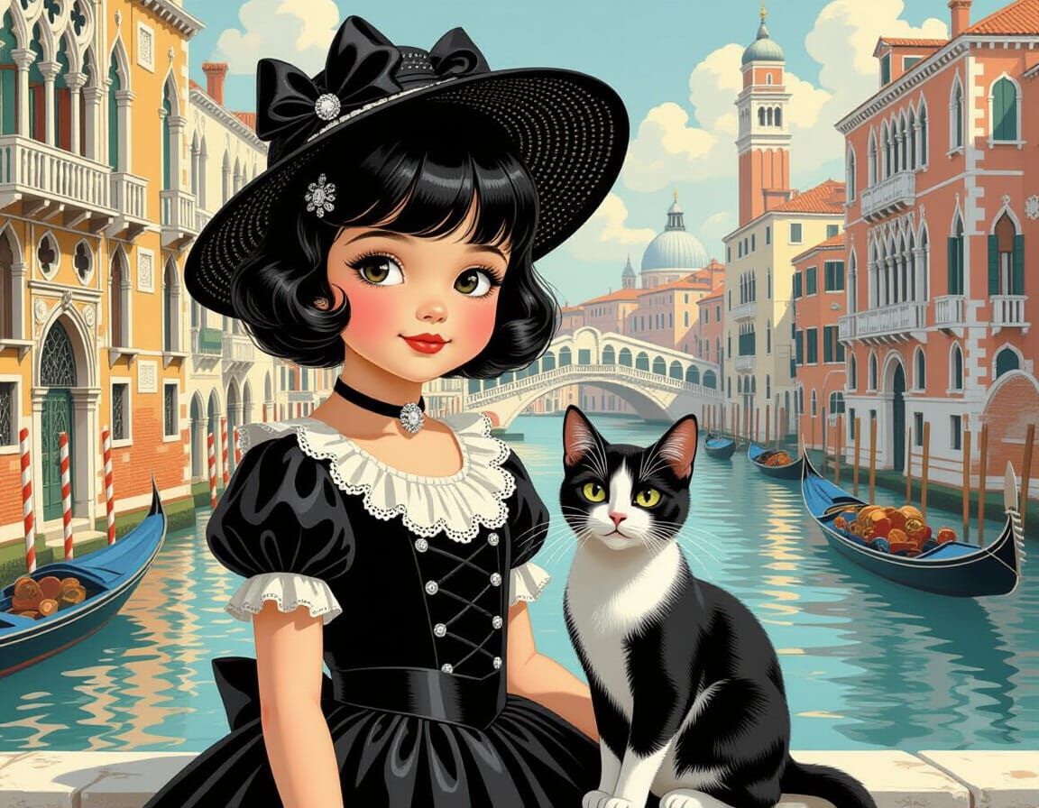 Elegant Girl with Cat in Venice: Nostalgic Pin-Up Style