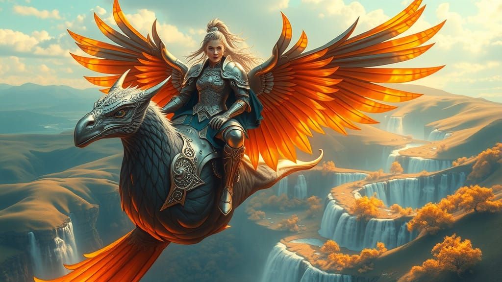 Regal Aasimar Paladin Soars through Enchanted Realm on Hippo...