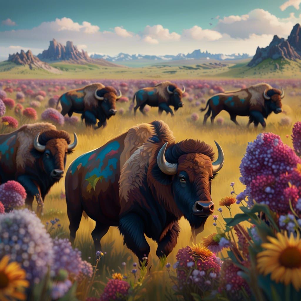 Bison and Buffalo Herd on Flowered Prairie