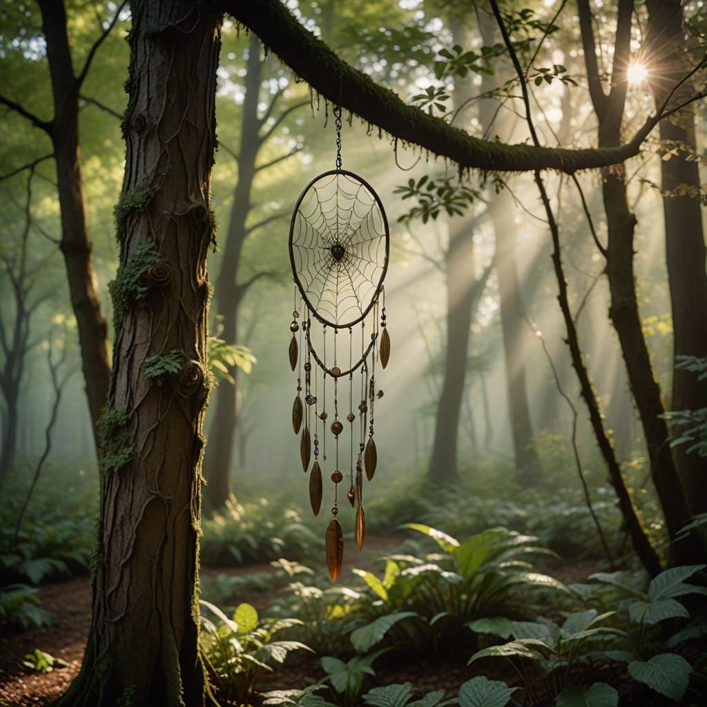 Whimsical Forest Sanctuary with Ancient Trees and Wind Chime...