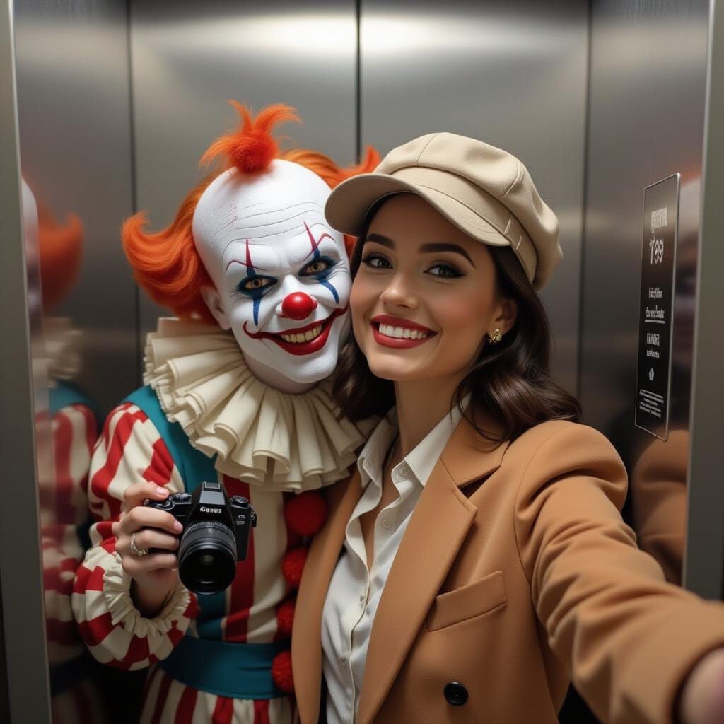 Woman Takes Selfie in Elevator with Scary Clown, Horror Styl...
