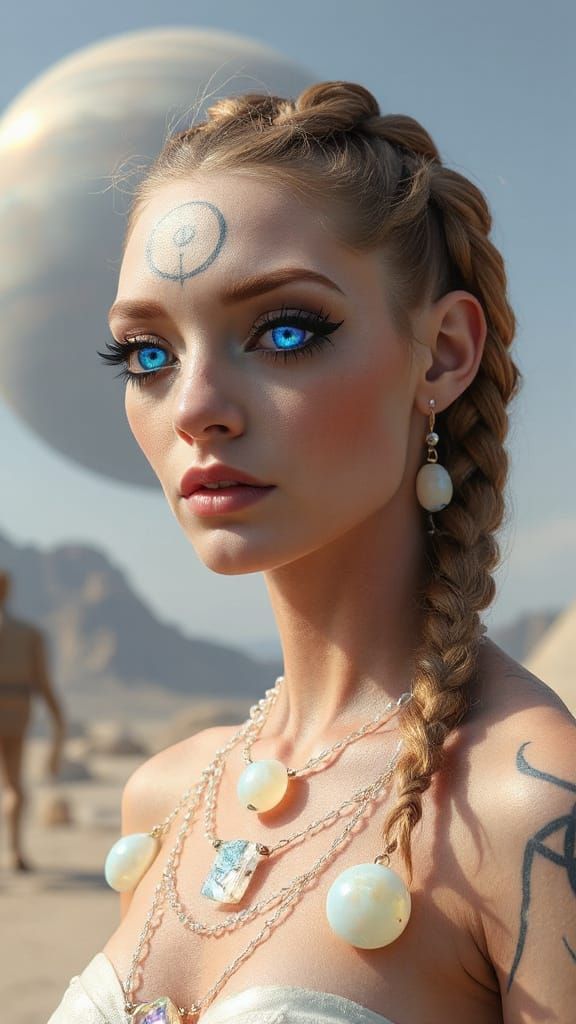 Futuristic Alien Woman with Glowing Tattoos on Ringed Planet