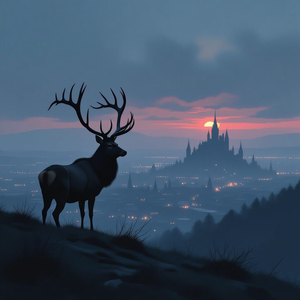 Red Deer Stag Overlooking Dystopian Cityscape